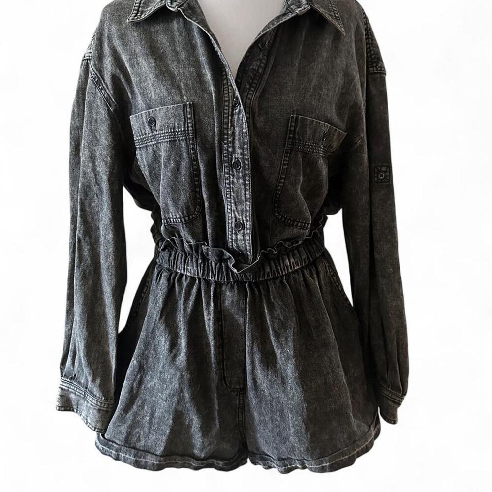 Jing black grey denim romper